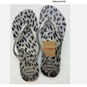 Havaianas Women’s Thong Flip Flop Grey Leopard Print sz 11/12 NWT
